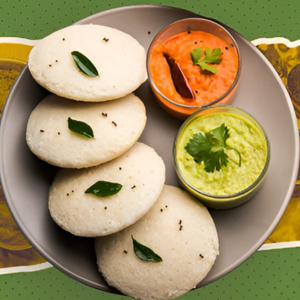 Four fluffy idlis with curry leaves and spices, served with red and green chutneys.